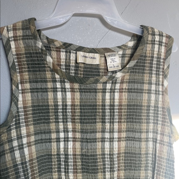 Retro Lemon Grass Large Plaid Stretchy Tank cottage grandma earthy boho - Picture 2 of 8